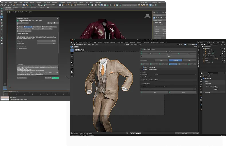 rapidpipeline integrations showing 3D tool integration with a 3D fashion model