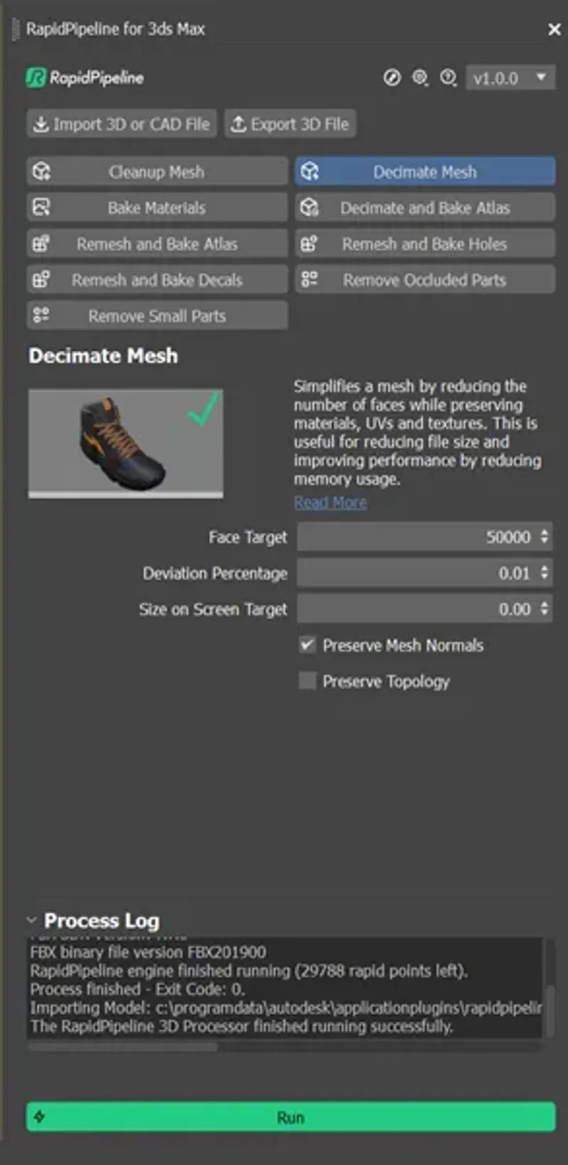 Screenshot of the plugin with the Decimate Mesh button active