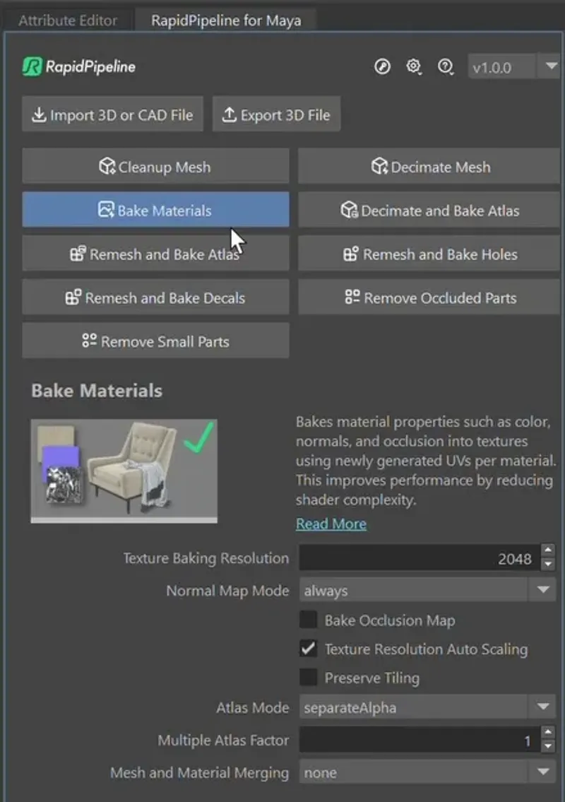 Screenshot of the plugin with the Bake Materials button active