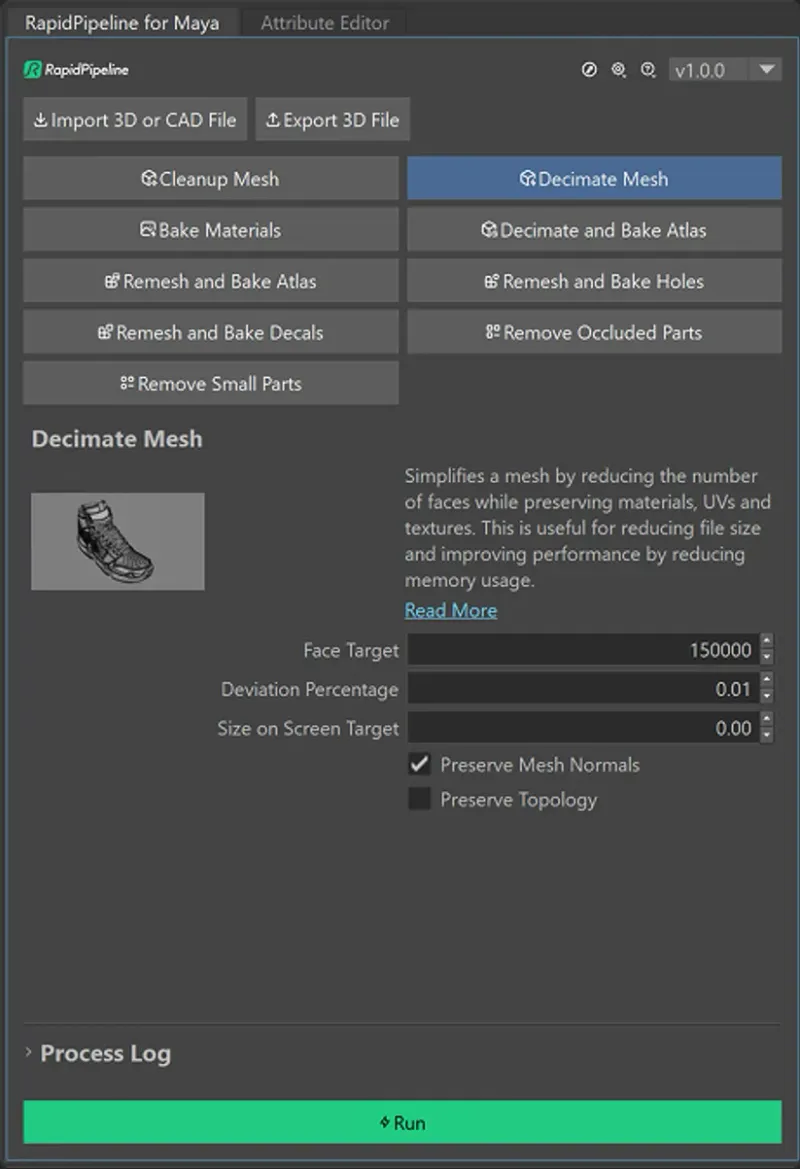 Screenshot of the plugin with the Decimate Mesh button active