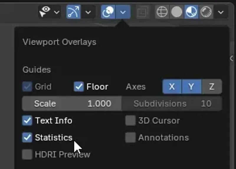 Screenshot of Viewport Overlays dialog, with Statistics enabled