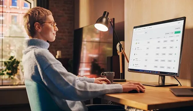 A person working with 3D models, looking at a 3D DAM / CMS on their computer. 