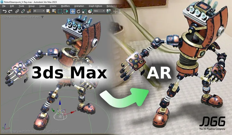 A robot in 3ds Max is converted into an asset for AR conversion. 
