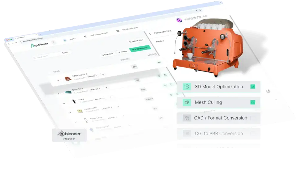 a coffee machine 3D product twin shown in a stylized version of the RapidPipeline UI