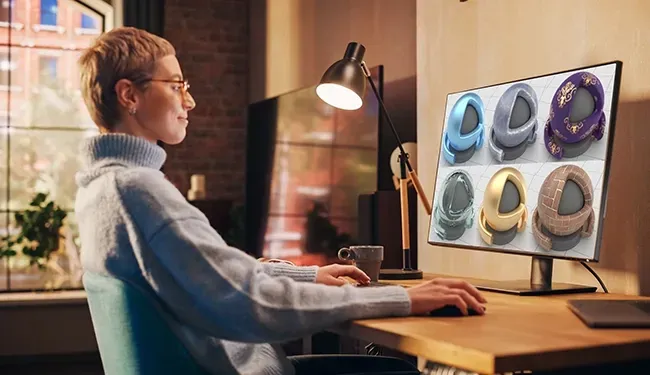 A young woman using a computer to look at PBR materials.