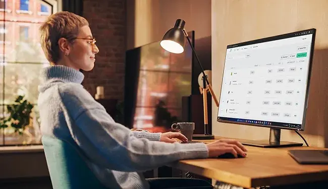 A person working with 3D models, looking at a 3D DAM / CMS on their computer. 